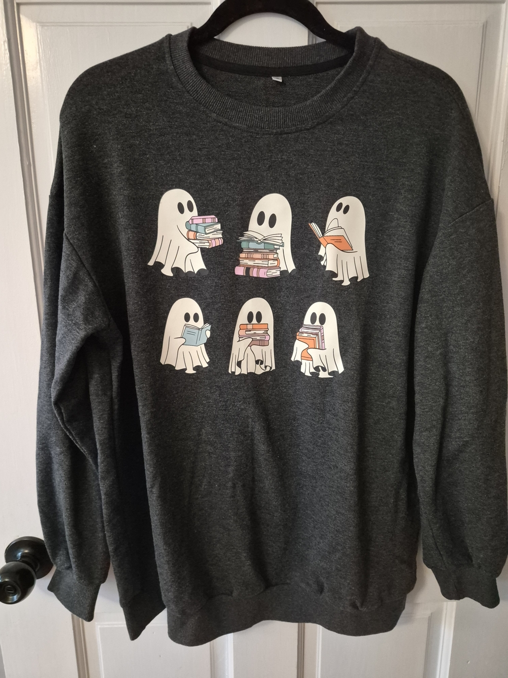 Dark Gray Ghost Book Graphic Crewneck Sweatshirt - Unbranded
